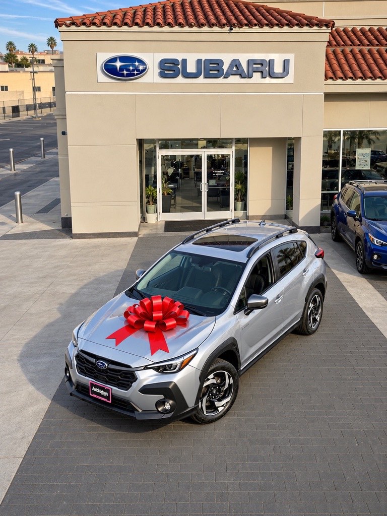 Silver Subaru with a red gift bow in front of the Subaru sign and dealership entrance in Carlsbad
