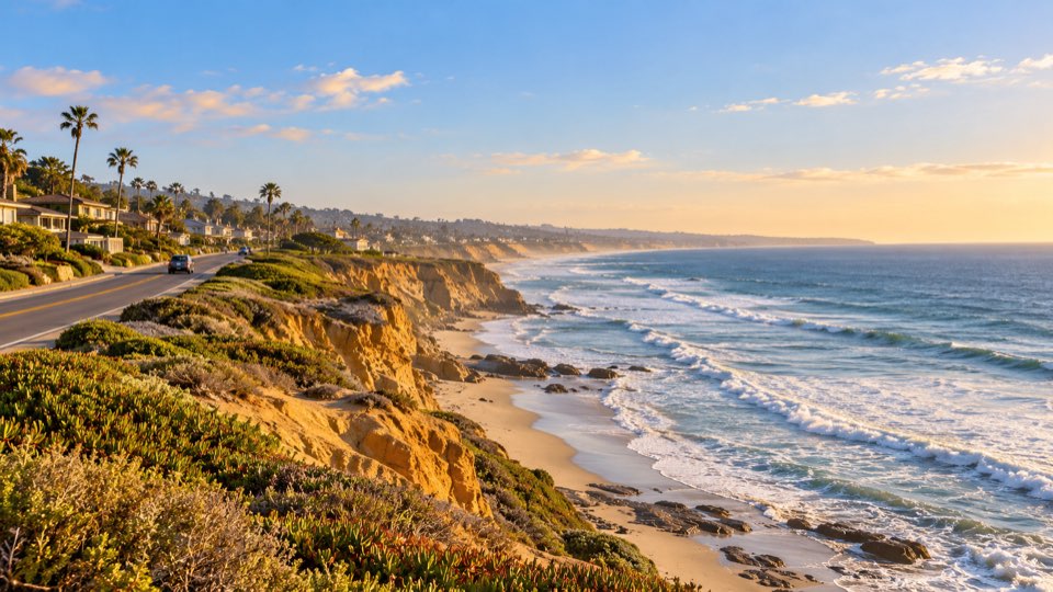 Original illustration looking south along a coastal highway beside bluffs and Pacific waves in warm evening light